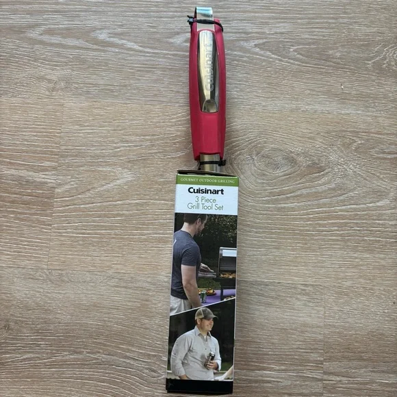 NEW Cuisinart 3 Piece Grill Tool Set Red Rubberized Handles Fork Spatula Tongs - Picture 6 of 7